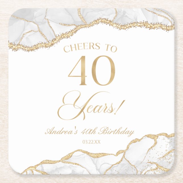 Elegant White Gold Agate 40th Birthday Party Square Paper Coaster (Front)