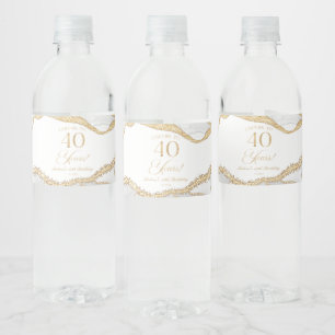 Elegant White Gold Agate 40th Birthday Party Water Bottle Label