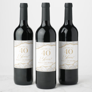 Elegant White Gold Agate 40th Birthday Party Wine Label