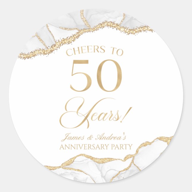 Elegant White Gold Agate 50th Anniversary Party Classic Round Sticker (Front)