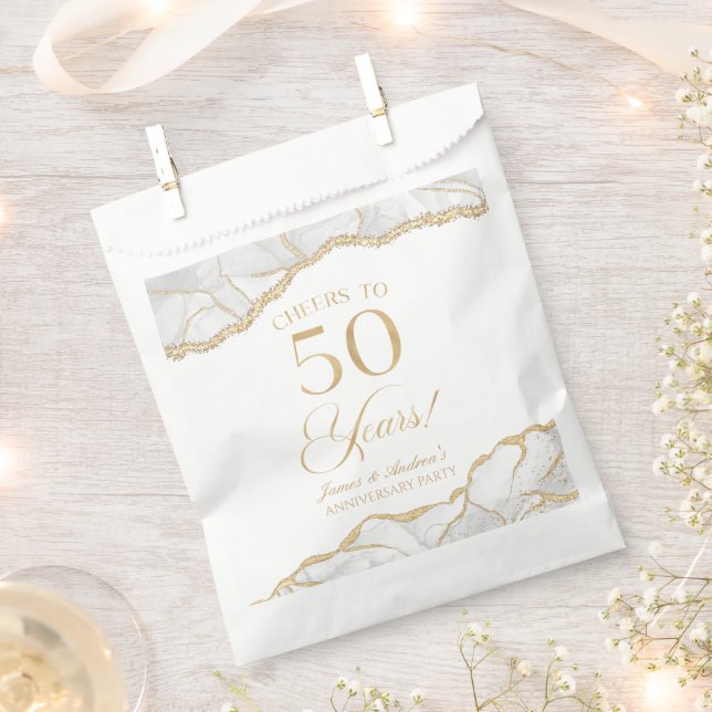 Elegant White Gold Agate 50th Anniversary Party Favour Bags (Clipped)