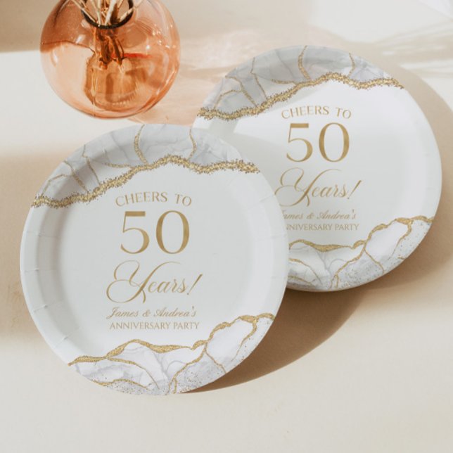 Elegant White Gold Agate 50th Anniversary Party Paper Plate (Creator Uploaded)