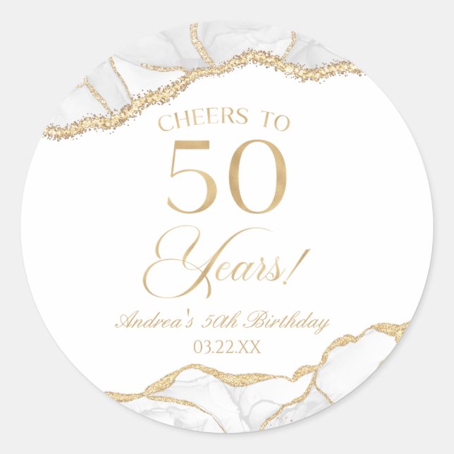 Elegant White Gold Agate 50th Birthday Party Classic Round Sticker (Front)