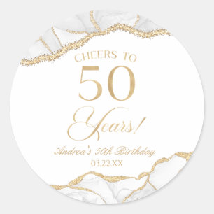 Elegant White Gold Agate 50th Birthday Party Classic Round Sticker