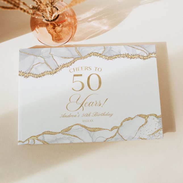 Elegant White Gold Agate 50th Birthday Party Guest Book (Creator Uploaded)