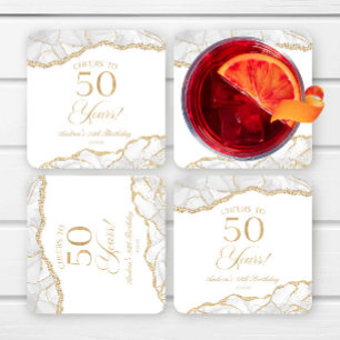 Elegant White Gold Agate 50th Birthday Party Square Paper Coaster