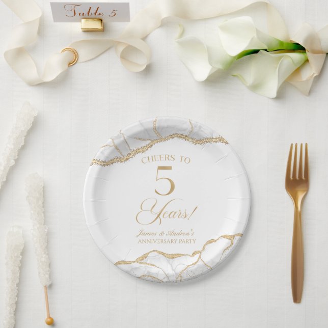Elegant White Gold Agate 5th Anniversary Party Paper Plate (Wedding)