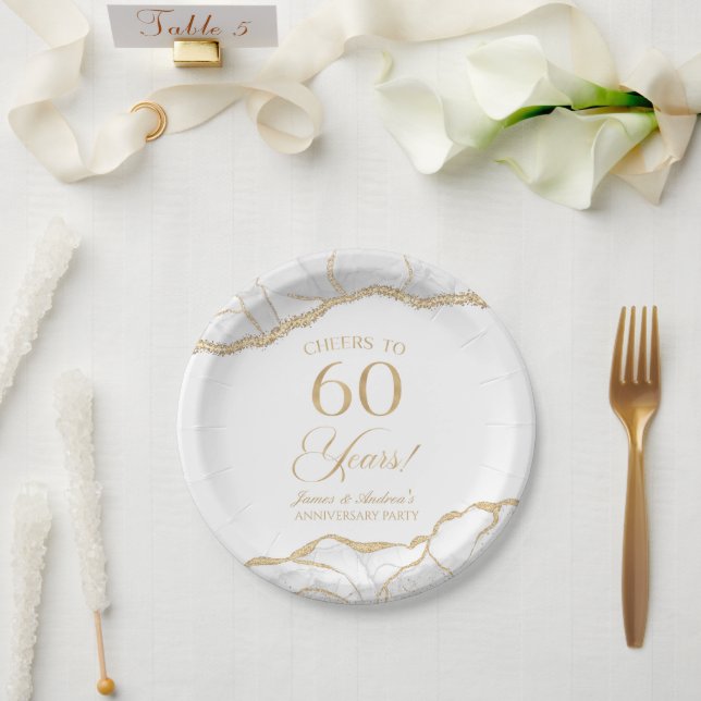 Elegant White Gold Agate 60th Anniversary Party Paper Plate (Wedding)