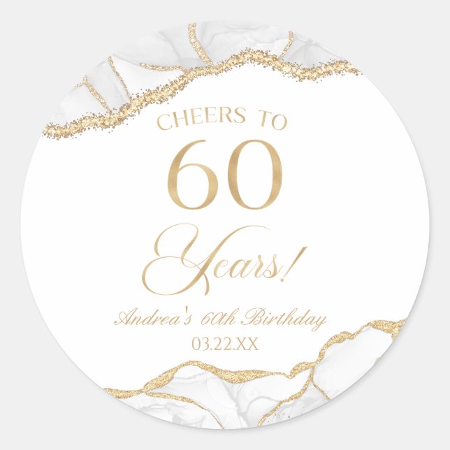 Elegant White Gold Agate 60th Birthday Party Classic Round Sticker (Front)