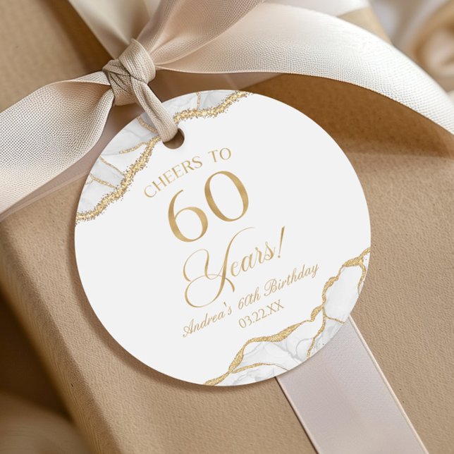 Elegant White Gold Agate 60th Birthday Party Favour Tags (Creator Uploaded)