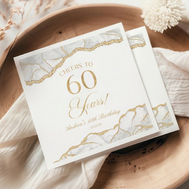 Elegant White Gold Agate 60th Birthday Party Napkin (Creator Uploaded)