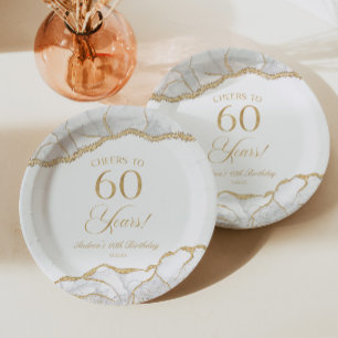 Elegant White Gold Agate 60th Birthday Party Paper Plate