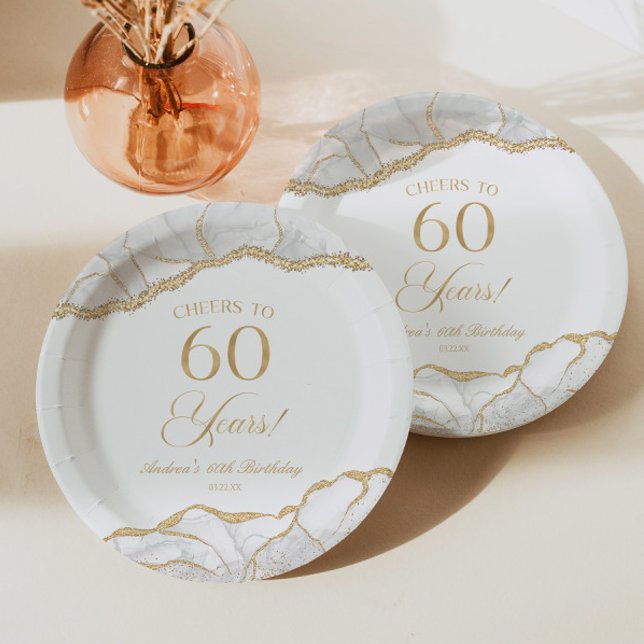 Elegant White Gold Agate 60th Birthday Party Paper Plate (Creator Uploaded)