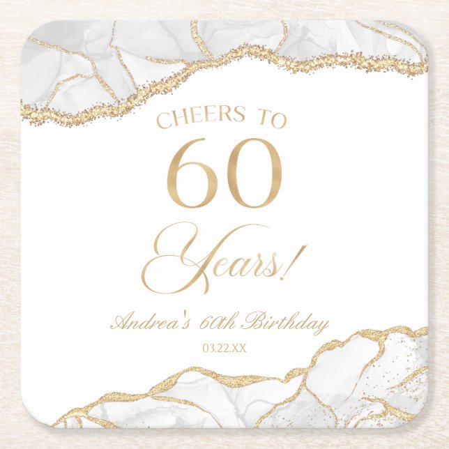 Elegant White Gold Agate 60th Birthday Party Square Paper Coaster (Front)