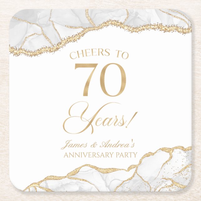 Elegant White Gold Agate 70th Anniversary Party Square Paper Coaster (Front)