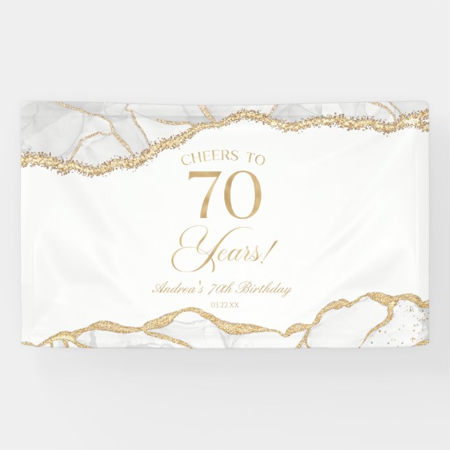 Elegant White Gold Agate 70th Birthday Party Banner (Horizontal)