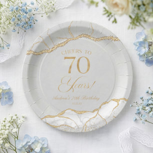 Elegant White Gold Agate 70th Birthday Party Paper Plate