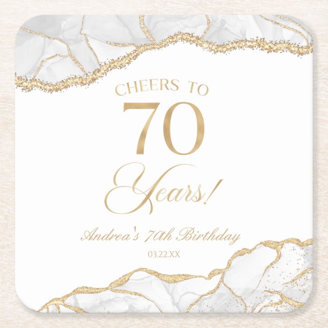 Elegant White Gold Agate 70th Birthday Party Square Paper Coaster (Front)