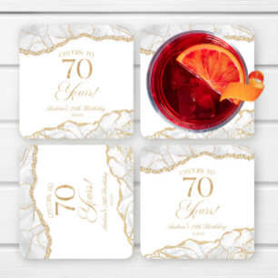 Elegant White Gold Agate 70th Birthday Party Square Paper Coaster