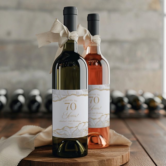 Elegant White Gold Agate 70th Birthday Party Wine Label (Creator Uploaded)