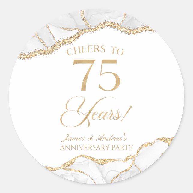 Elegant White Gold Agate 75th Anniversary Party Classic Round Sticker (Front)