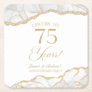 Elegant White Gold Agate 75th Anniversary Party Square Paper Coaster