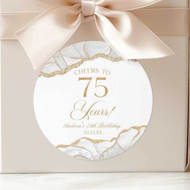 Elegant White Gold Agate 75th Birthday Party Classic Round Sticker (Creator Uploaded)