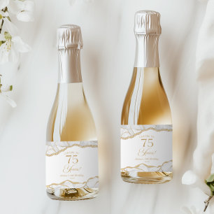 Elegant White Gold Agate 75th Birthday Party Mini Sparkling Wine Label