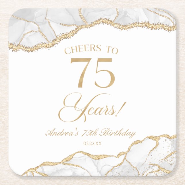 Elegant White Gold Agate 75th Birthday Party Square Paper Coaster (Front)