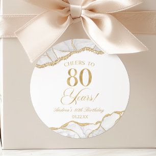 Elegant White Gold Agate 80th Birthday Party Classic Round Sticker