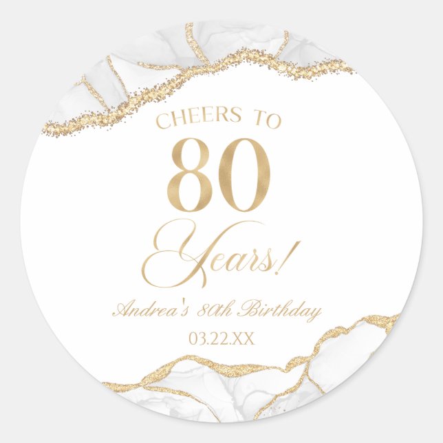 Elegant White Gold Agate 80th Birthday Party Classic Round Sticker (Front)