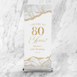 Elegant White Gold Agate 80th Birthday Party Retractable Banner