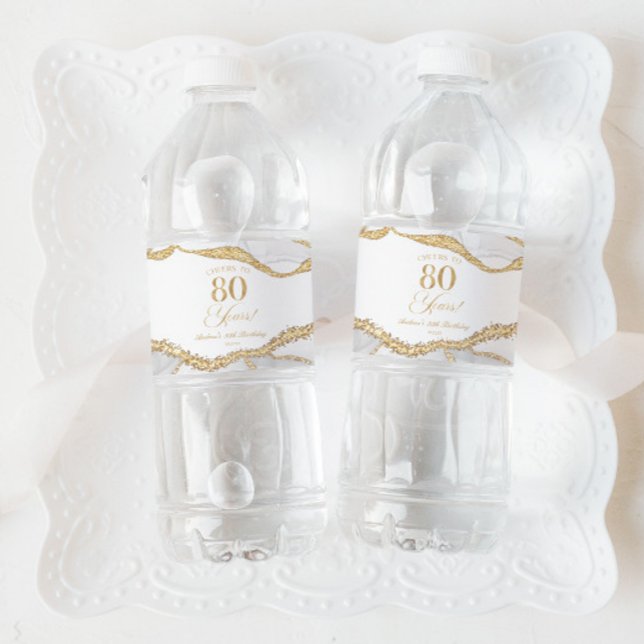 Elegant White Gold Agate 80th Birthday Party Water Bottle Label (Creator Uploaded)