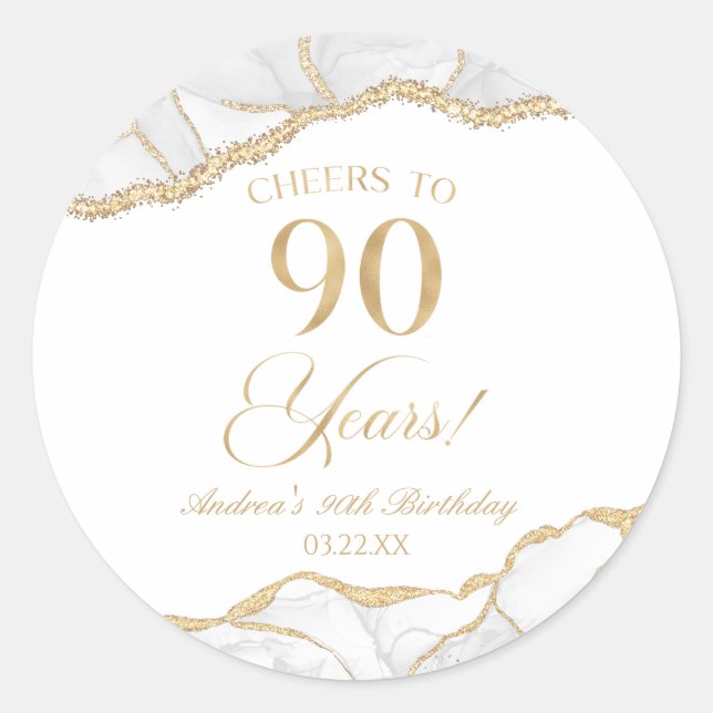 Elegant White Gold Agate 90th Birthday Party Classic Round Sticker (Front)