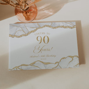 Elegant White Gold Agate 90th Birthday Party Guest Book