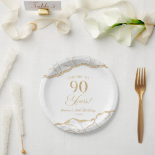Elegant White Gold Agate 90th Birthday Party Paper Plate