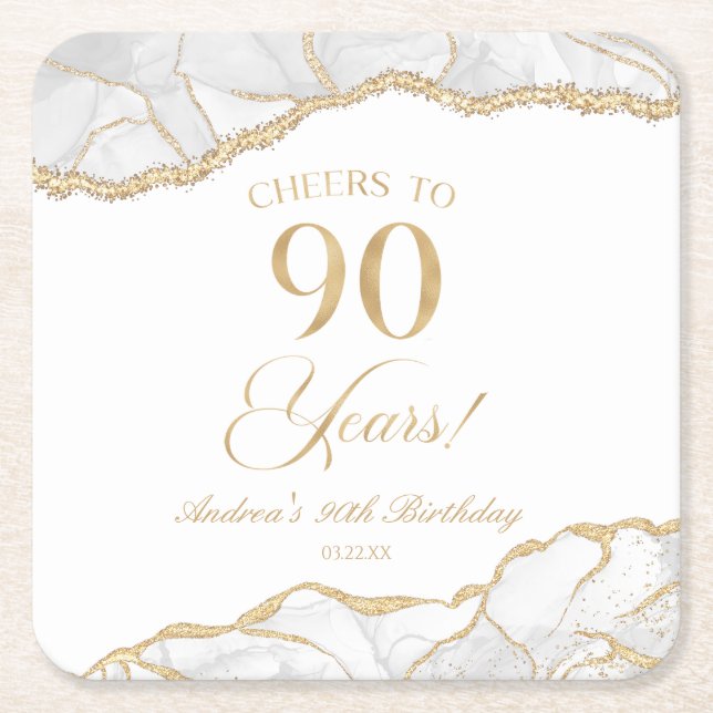 Elegant White Gold Agate 90th Birthday Party Square Paper Coaster (Front)