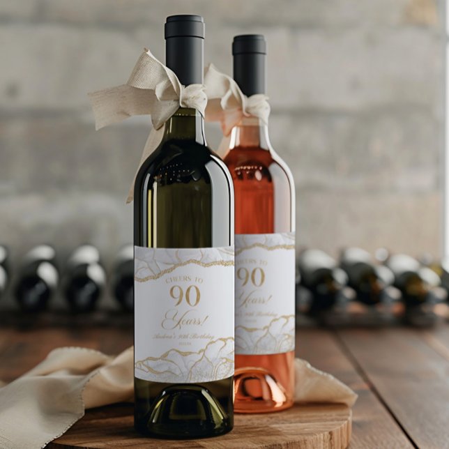 Elegant White Gold Agate 90th Birthday Party Wine Label (Creator Uploaded)