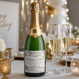 Elegant White & Gold Agate Birthday Party Sparkling Wine Label