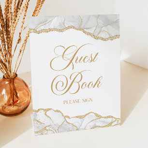 Elegant White Gold Agate Guest Book Sign