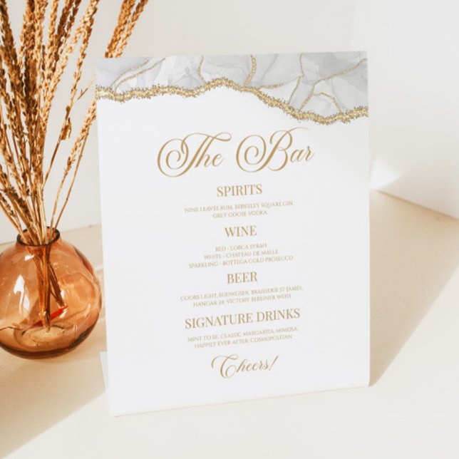 Elegant White Gold Agate Party Bar Menu Pedestal Sign (Creator Uploaded)