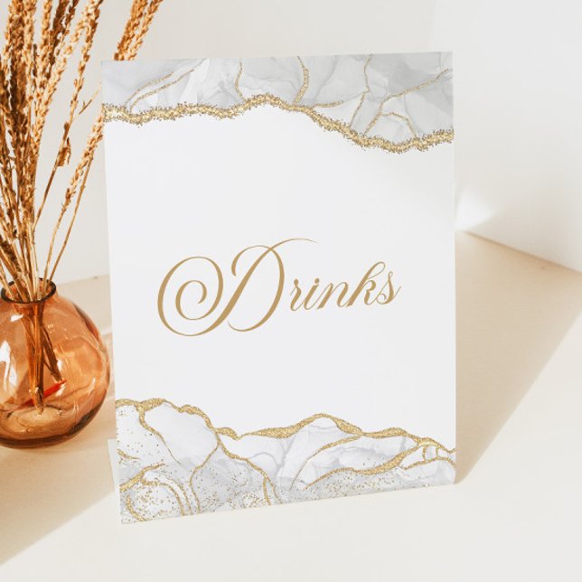 Elegant White Gold Agate Party Drinks Pedestal Sign (Creator Uploaded)