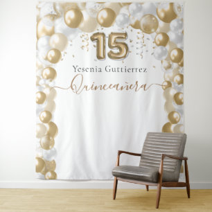 Elegant White Gold Balloon Arch Quinceañera Tapestry