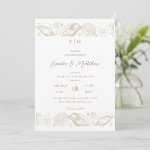 Elegant White & Gold Beach Shell Wedding Invitation