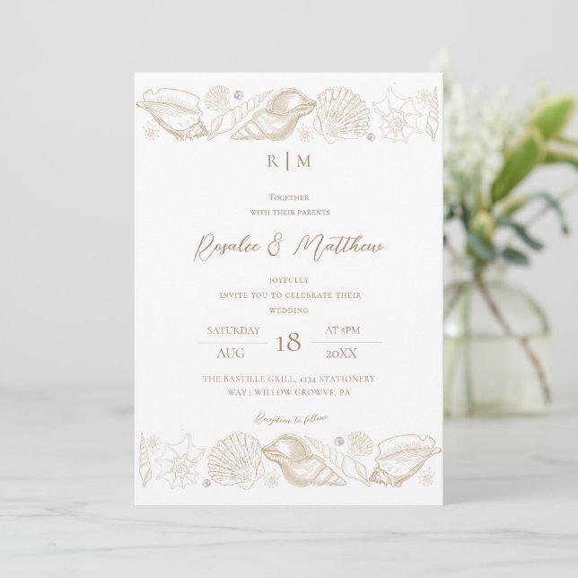 Elegant White & Gold Beach Shell Wedding  Invitation (Standing Front)