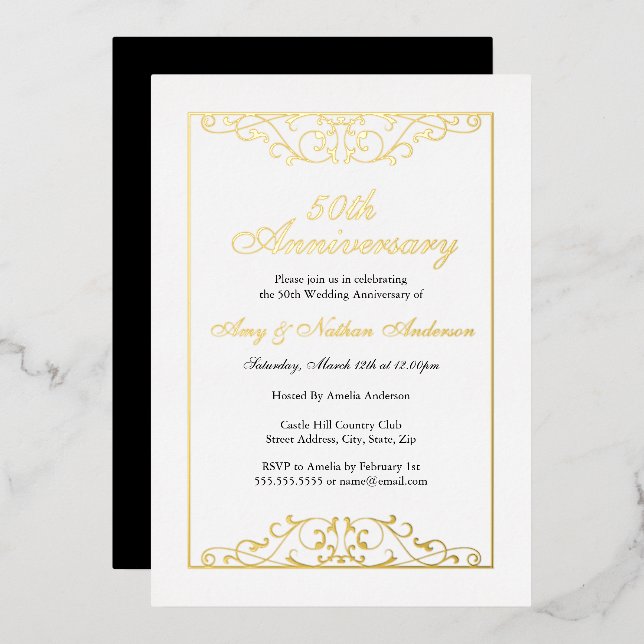Elegant White Gold Black 50th Wedding Anniversary  (Front/Back)