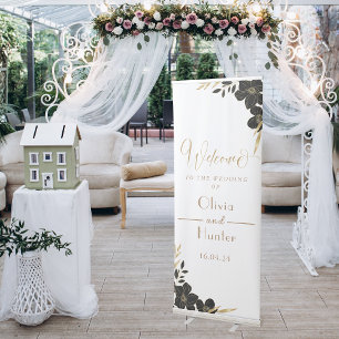 Elegant white & Gold Black Floral Welcome Wedding Retractable Banner