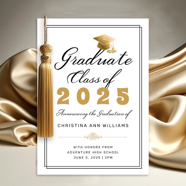 Elegant White Gold Black Graduate Class of 2025 Announcement (Elegant White Gold Script Graduation Announcement)