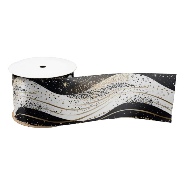 Elegant White Gold Black Wavy Stripes Satin Ribbon (Spool)