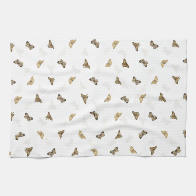 Elegant White Gold Butterflies Tea Towel (Horizontal)